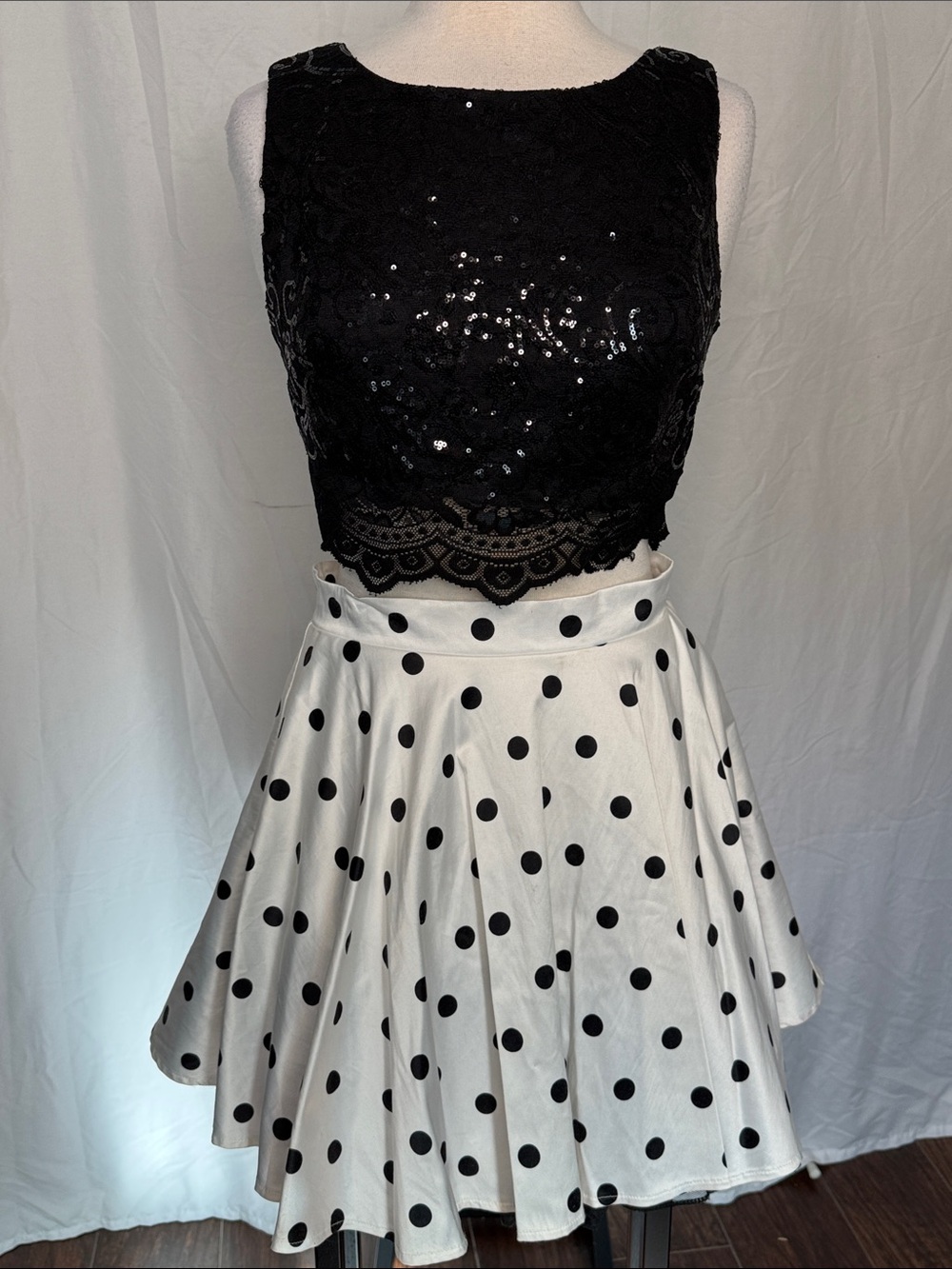 City Studio Black Sequin and Lace Crop Top & White Polka Dot Skater Skirt Size 7